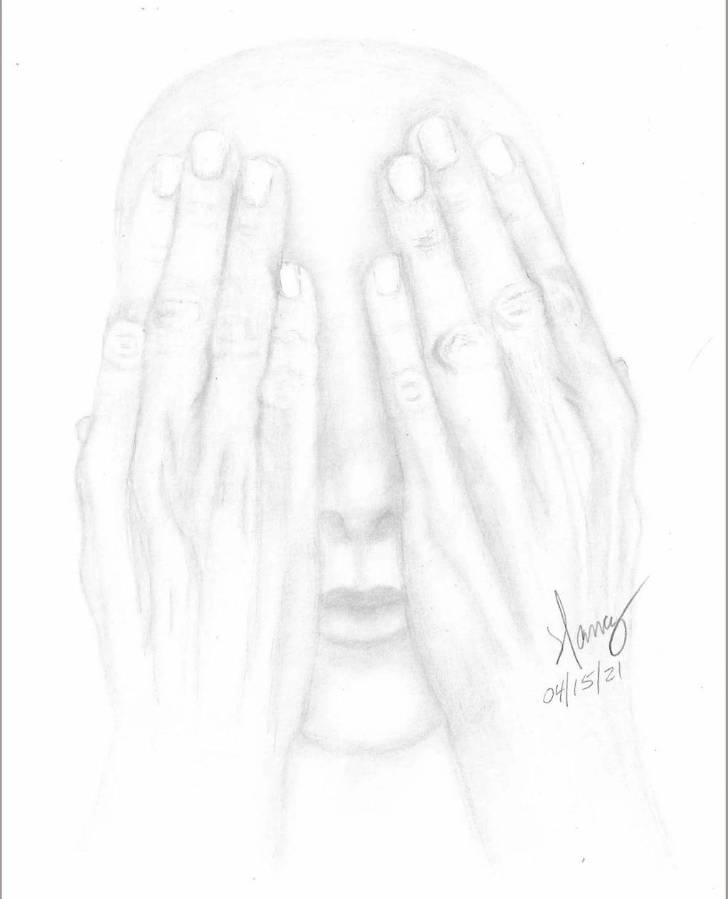 A drawing of hands covering the eyes