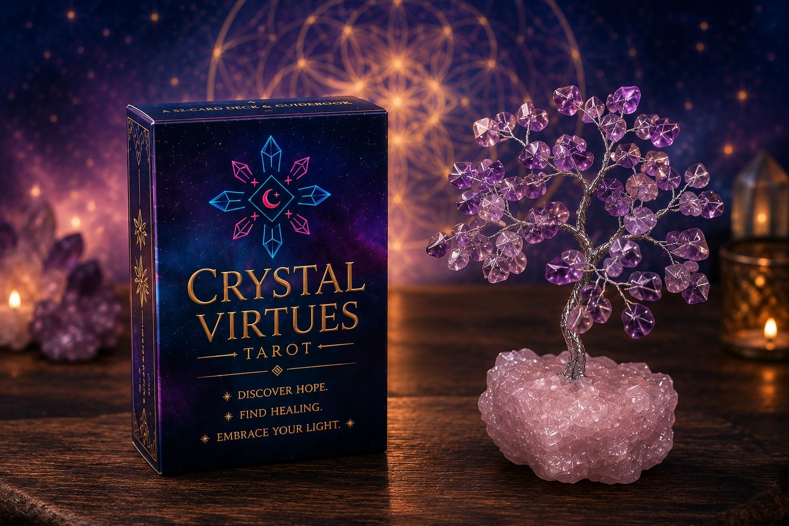Tarot deck and crystal tree on a wooden surface with mystical background.