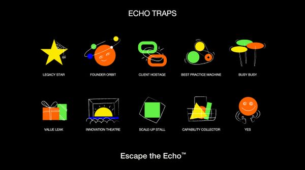 Colorful icons illustrate various 'Echo Traps' with playful designs on a black background.