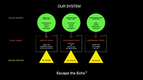 Diagram illustrating value drivers, echo traps, and escape routes in a system.