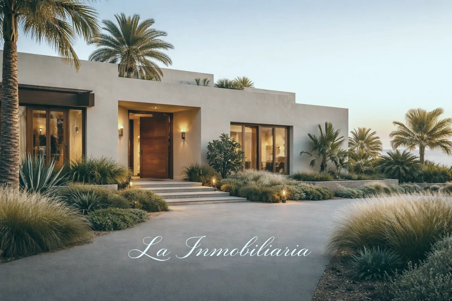 Modern luxury home with palm trees and elegant landscaping at sunset.
