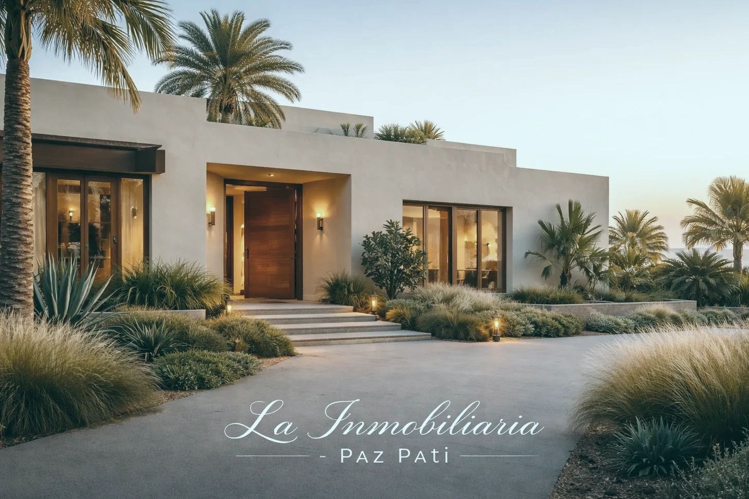 Elegant modern house with lush greenery and palm trees at sunset.