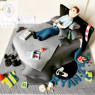 Teenage boy on bed in messy bedroom cake