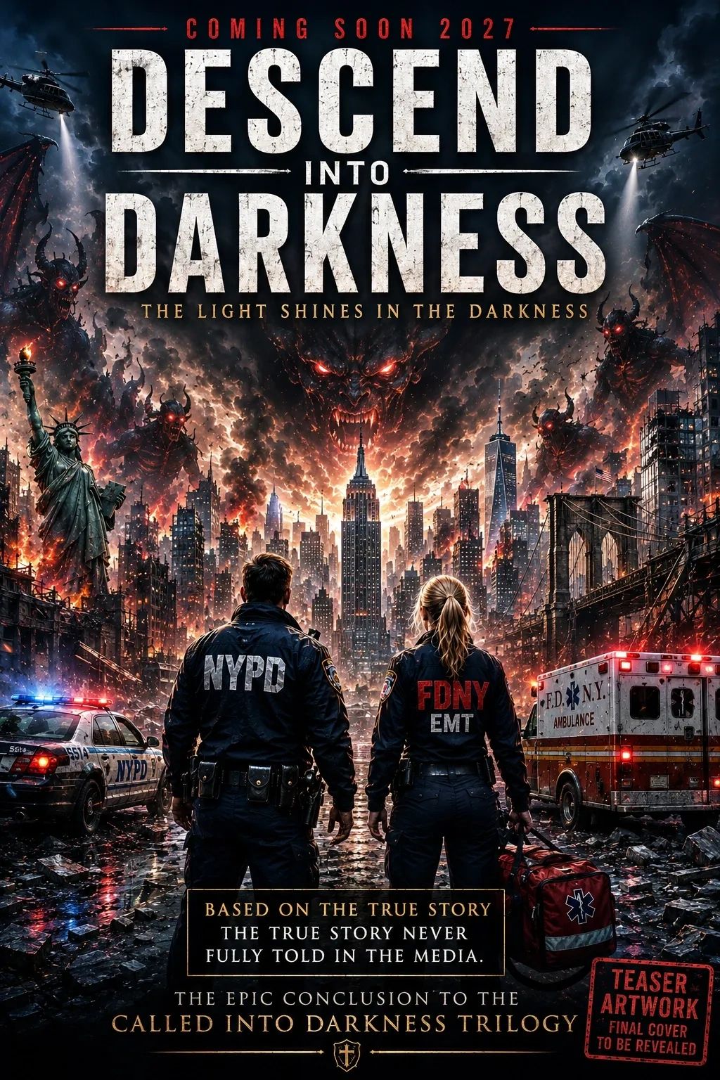 Two first responders face a fiery city with demonic figures looming.