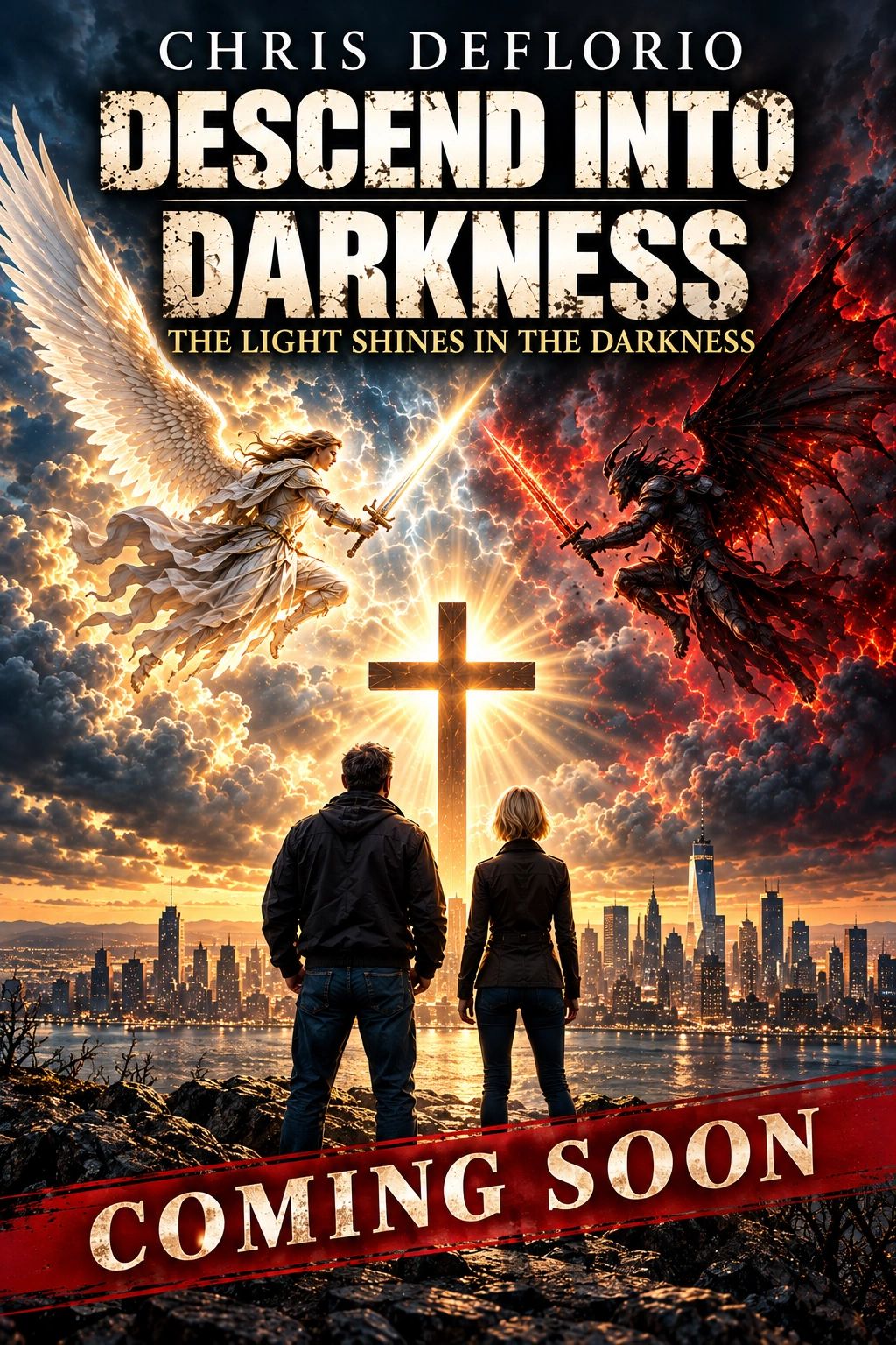 Angel and demon clash over a glowing cross with a couple watching.