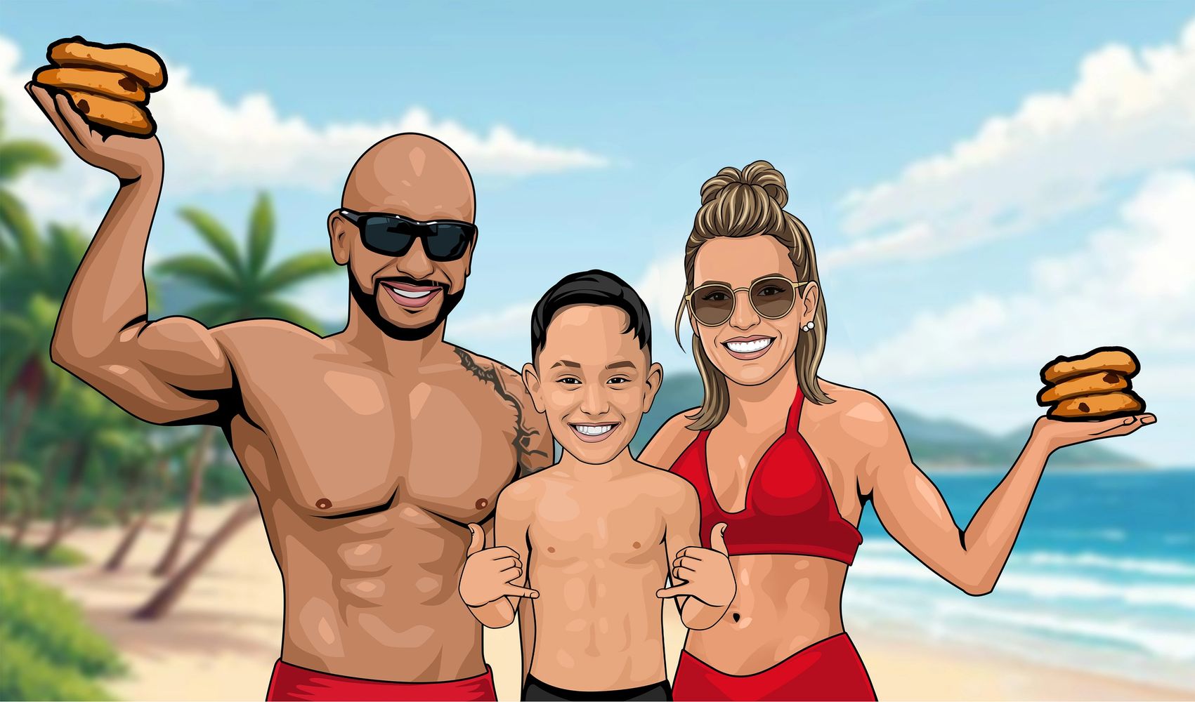 Happy family at the beach holding stacks of cookies, smiling and enjoying a sunny day.