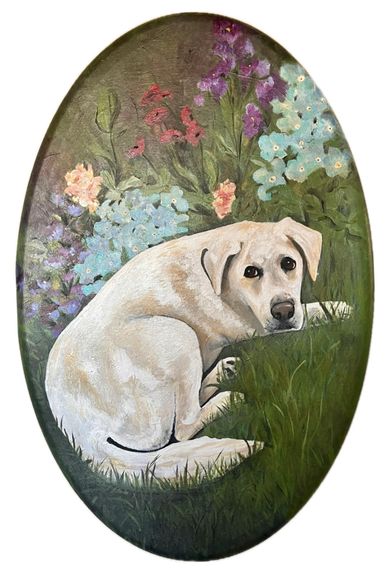 Oval painting of a white dog resting in grass with colorful flowers.