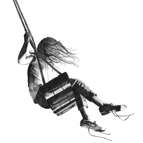 A realistic black ink drawing of girl absorbed in swinging, capturing a joy filled moment