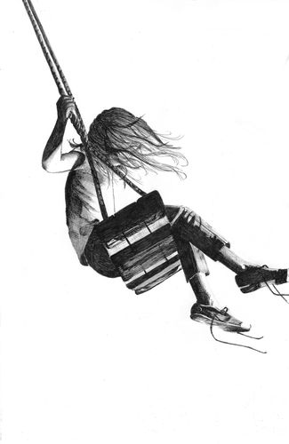 Realistic pen drawing of a young girl swinging.