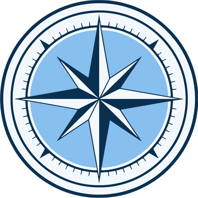 Stylized blue and white compass rose with directional points.