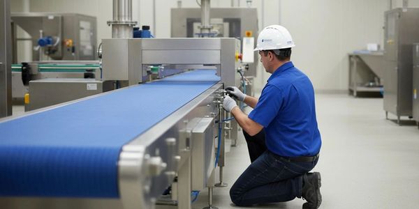 Worker kneels to adjust machinery on a blue conveyor belt in a clean industrial setting.
