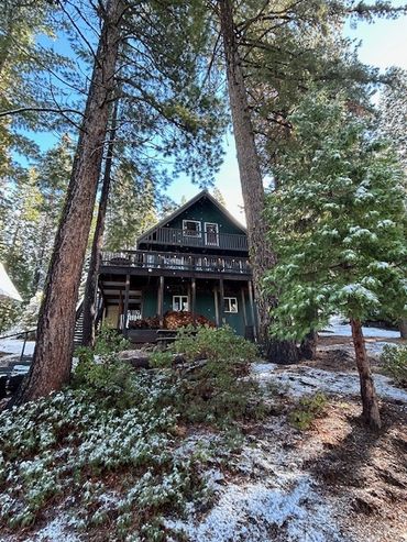 A cabin nestled among tall pine trees with a light dusting of snow.