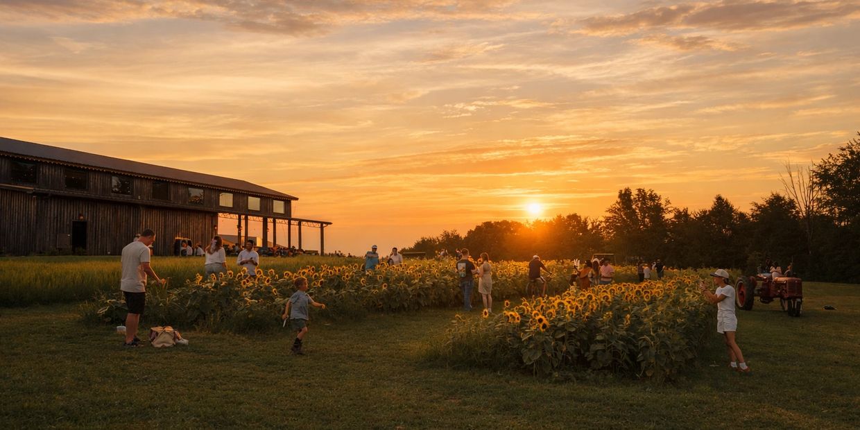 People enjoy a sunflower field at sunset near a rustic barn.