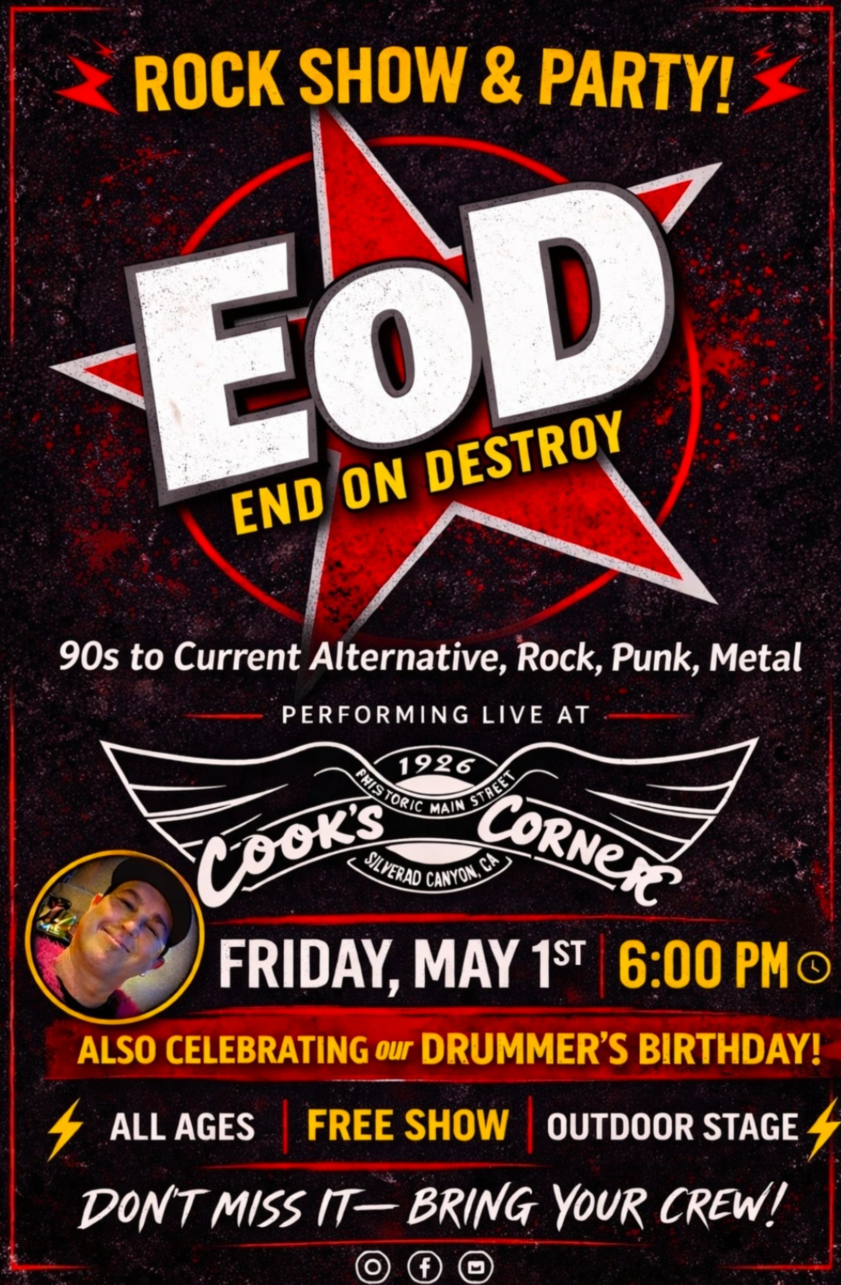 EOD rock show at Cook's Corner on May 1, 6 PM, free all-ages outdoor event.
