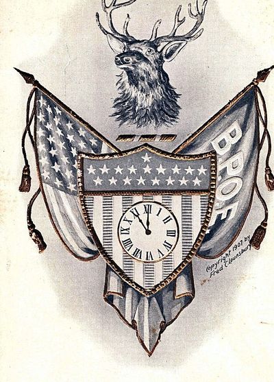 Vintage emblem with a stag head, American flags, and a clock.