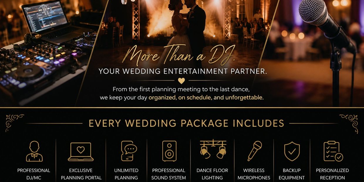 Wedding entertainment package with professional DJ, planning, sound, lighting, and more.