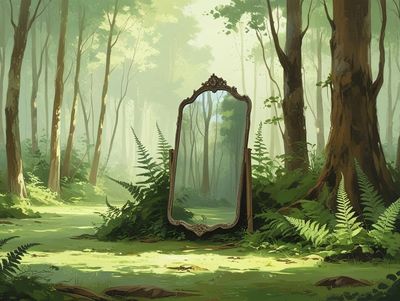 An ornate mirror stands alone in a sunlit forest clearing surrounded by tall trees and ferns.