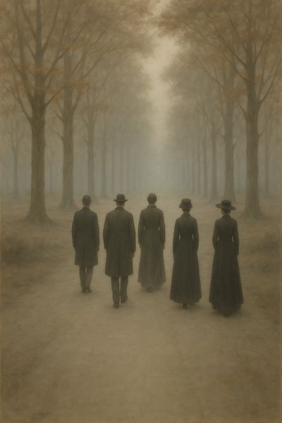 Five people in vintage attire walk down a foggy tree-lined path.