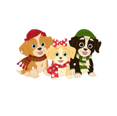 Three cartoon puppies in winter clothes.