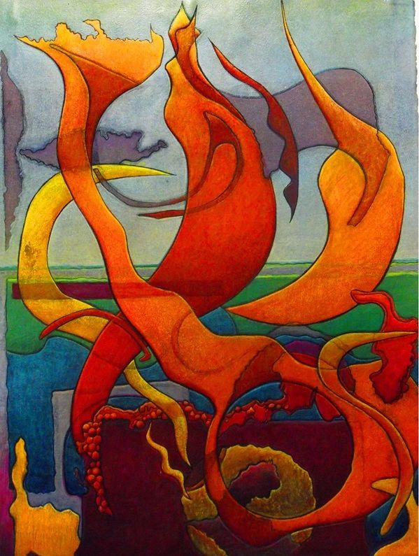 "En Fuego", monoprint by Jewell Riano-Bradley.