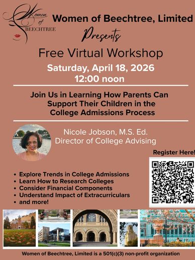 Flyer for a free virtual workshop on college admissions by Women of Beechtree.
