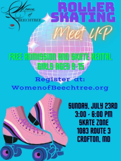 Flyer for a free roller skating meet-up for girls ages 9-15 in Crofton, MD.