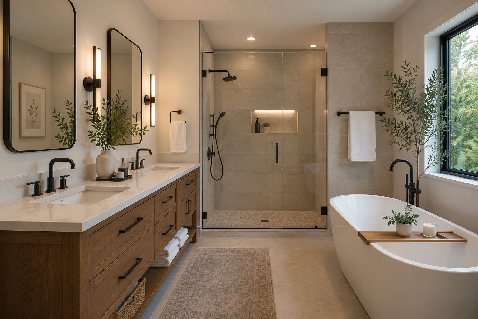 Modern bathroom with double sinks, glass shower, freestanding tub, and natural decor.