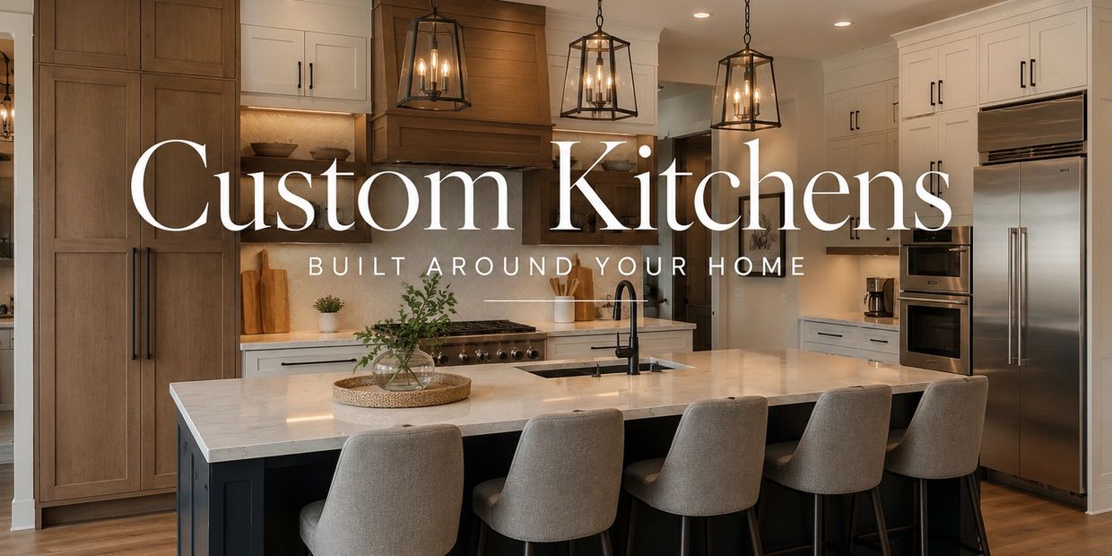Modern custom kitchen with mixed wood tones and marble island.