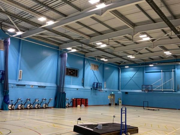 Oak tree leisure centre sports hall showing new LED lights upgrade. 