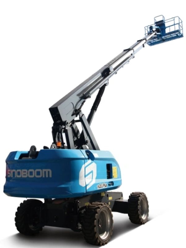 A blue Sinoboom telescopic boom lift with extended arm and basket.