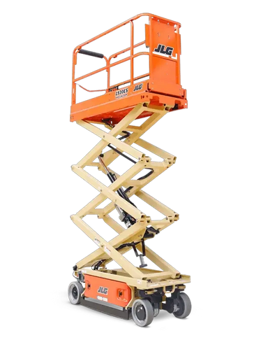 Orange and beige scissor lift with safety railing elevated.