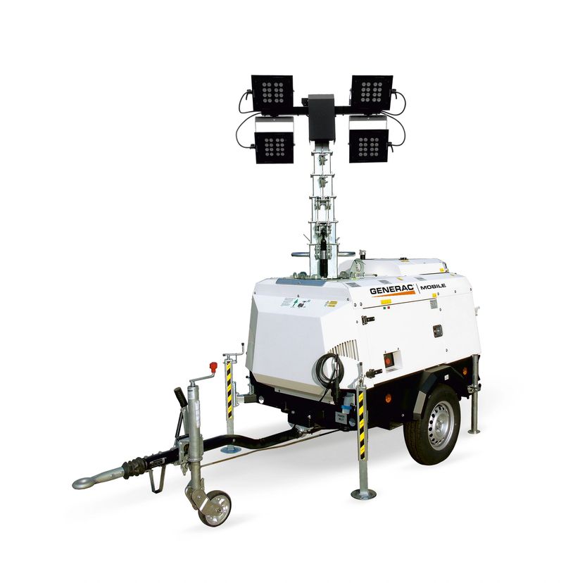 Portable Generac mobile light tower with multiple LED lights on an extendable mast.