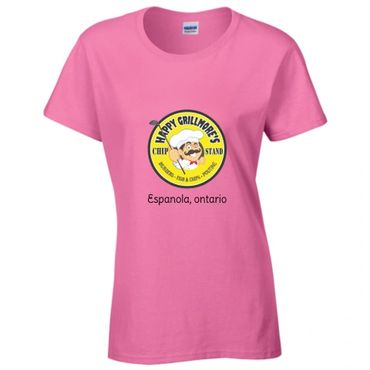 Pink T-shirt with Happy Grillmore's Chip Stand logo and Espanola, Ontario text.