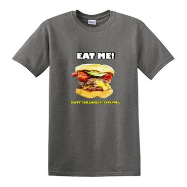 Gray T-shirt with a burger graphic and text saying 'EAT ME!' and 'Raffy Grillmore's Espanola'.