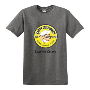 Gray T-shirt with Happy Grillmore's Chip Stand logo and Espanola, Ontario text.