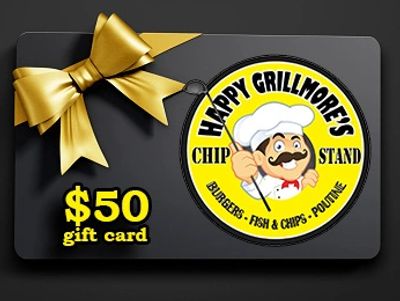 $50 gift card for Happy Grillmore's Chip Stand with a gold bow.