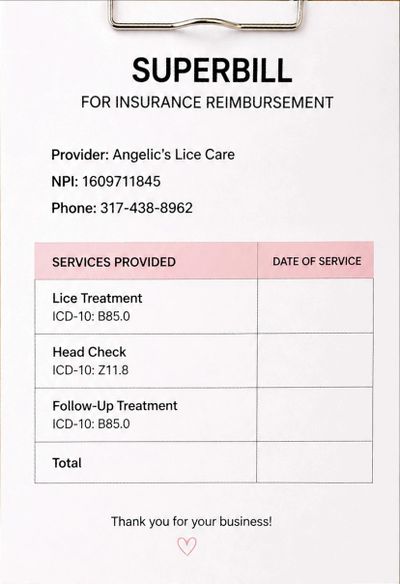 Superbill for insurance reimbursement from Angelic's Lice Care with services listed and contact details.