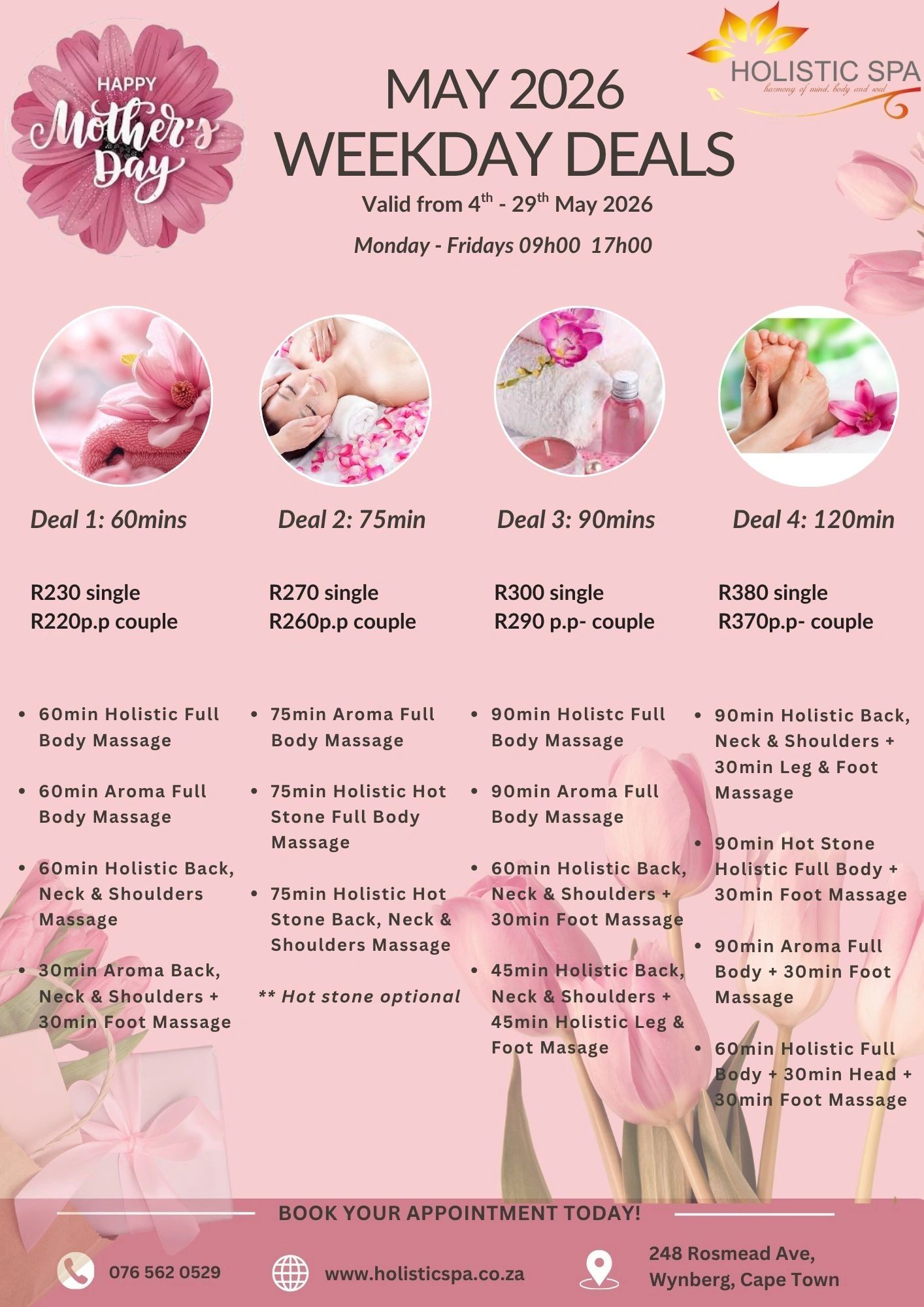 Mother's Day spa weekday deals for May 2026 with massages of varying lengths and prices at Holistic Spa.