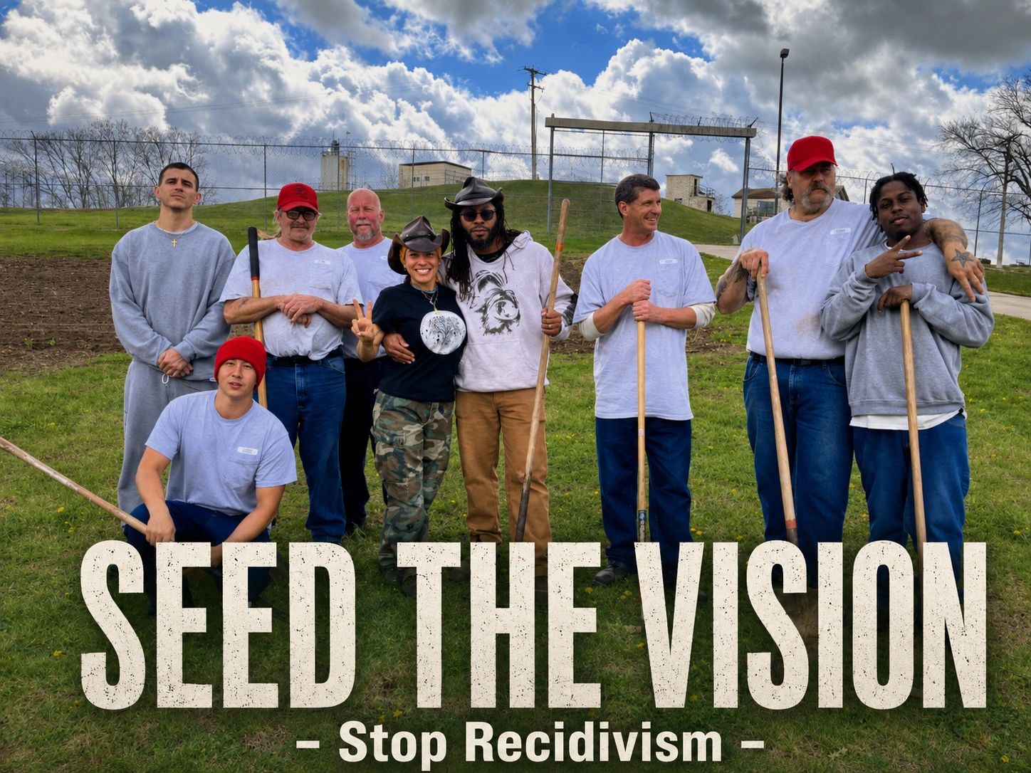 Diverse group united outdoors with gardening tools, promoting stopping recidivism.