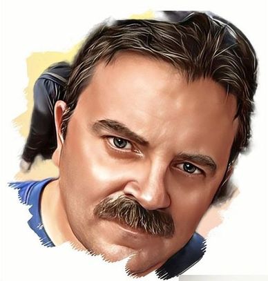 Close-up portrait of a man with a mustache and intense gaze.