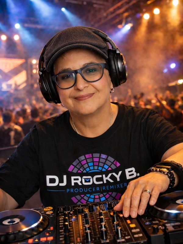 DJ Rocky B. mixing music at a lively event with colorful lights and a crowd.