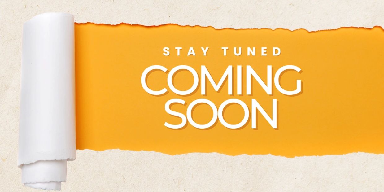 Stay tuned for something coming soon on a torn paper background.
