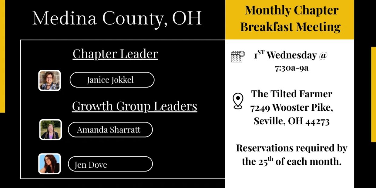 Medina County OH breakfast meeting info with chapter and growth group leaders.