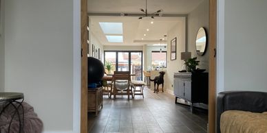Leckhampton rear extension and remodelling, view through to the new kitchen and dining space