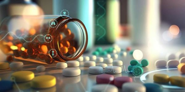 Frascos y pastillas de medicamentos dispersas sobre una superficie.