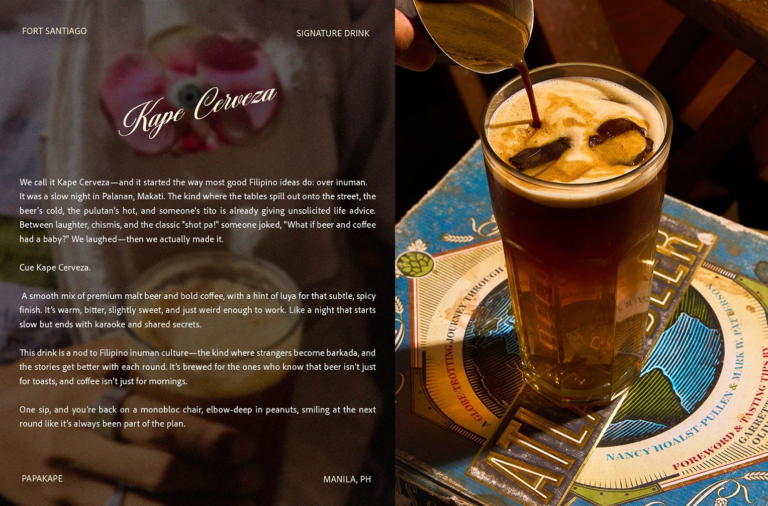 A glass of Kape Cerveza with coffee being poured.