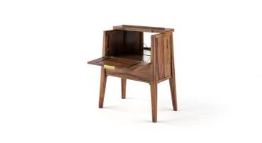 Vintage wooden writing desk with fold-down front and storage compartments.
