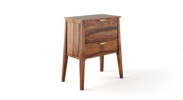 A wooden two-drawer nightstand with brass handles.