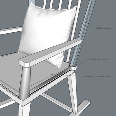 Rocking chair with cushioned backrest and Velcro straps.