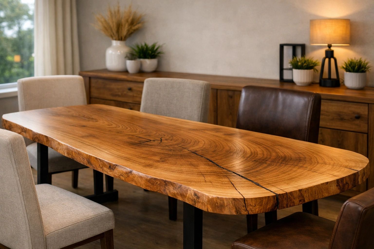 Moderner Holztisch mit Naturkante und gemischten Stühlen.